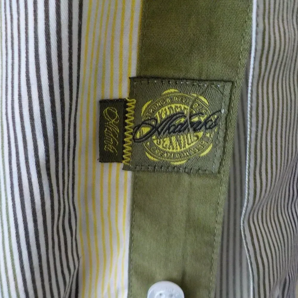 Akademiks Green Yellow Striped Button Up Shirt Long Sleeve Men size XL Classic